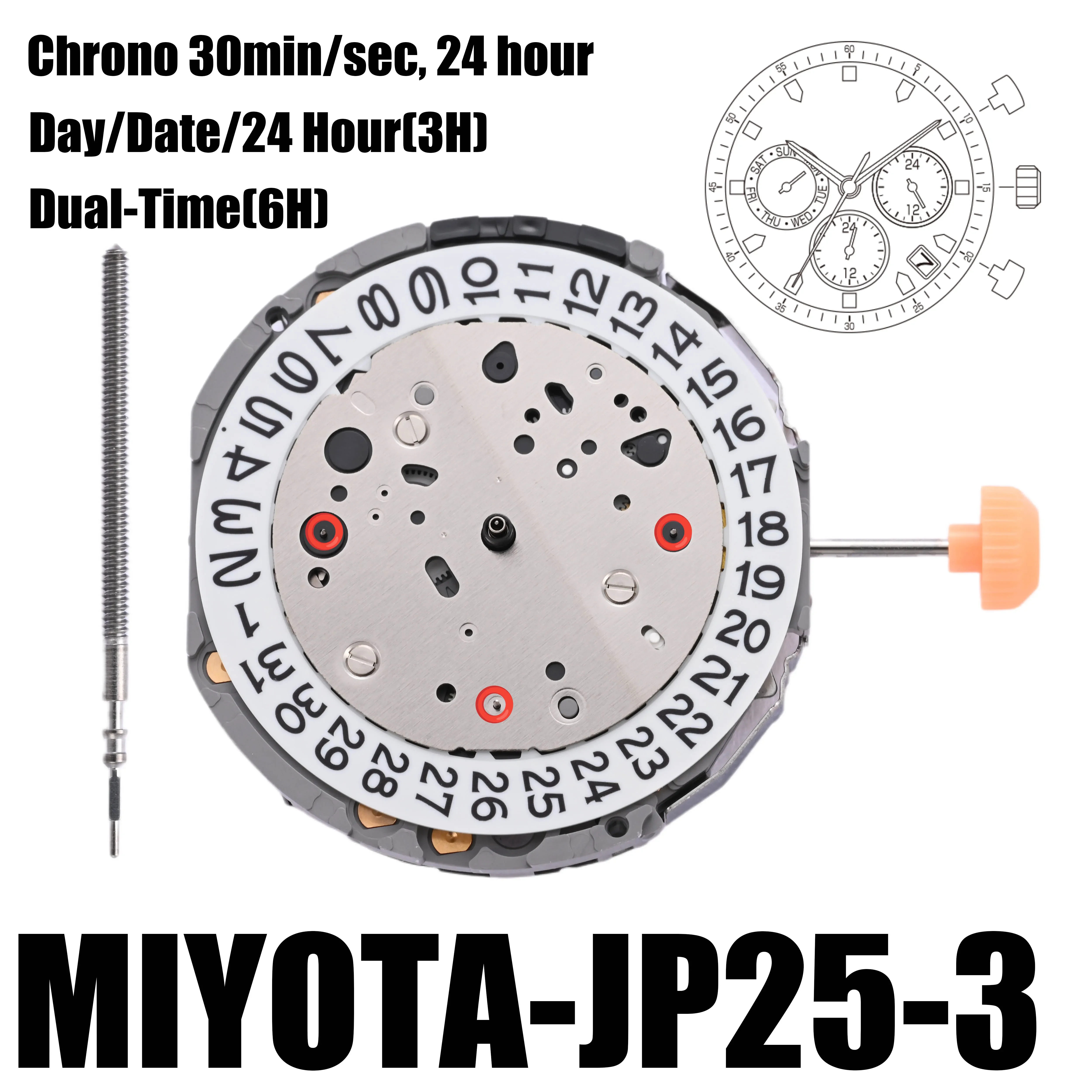 JP25 Movement Miyota JP25 Movement Multi-Function Quartz Watch Movement with Day At 3:00 Size: 12 1/2'''Height: 4.30mm