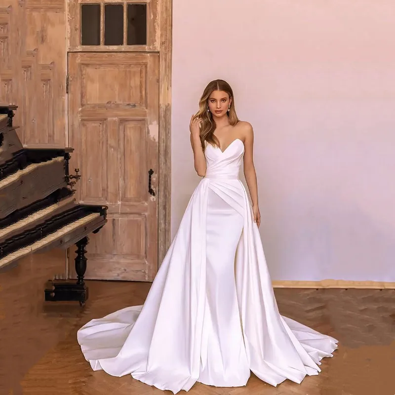 Morden Mermaid Wedding Dresses Elegant Satin Strapless Pleat Sleeveless Bridal Gowns Sexy Backless Detachable Train Vestidos2024