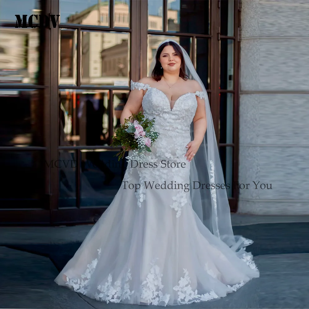 

MCDV Customized Mermaid Wedding Dresses Plus Size Bride Gowns Applique Off Shoulder Sweetheart vestido de novia boda Customized