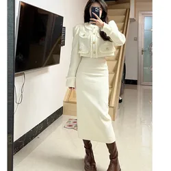 Korean Fashion Elegant Two-piece Skirt Sets Women Crop Jacket Coat Bodycon Midi Skirt Autumn Winter New Female Luxury Outfits