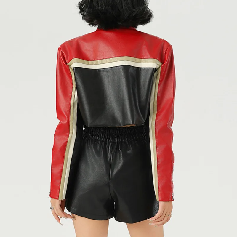 เสื้อแจ็คเก็ตมอเตอร์ไซค์หนัง PU แฟชั่น EAEOVNI สำหรับผู้หญิง คอตั้ง สีตัดกัน สไตล์สตรีทแวร์ คอลเลคชั่นใหม่ ฤดูใบไม้ผลิ 2026