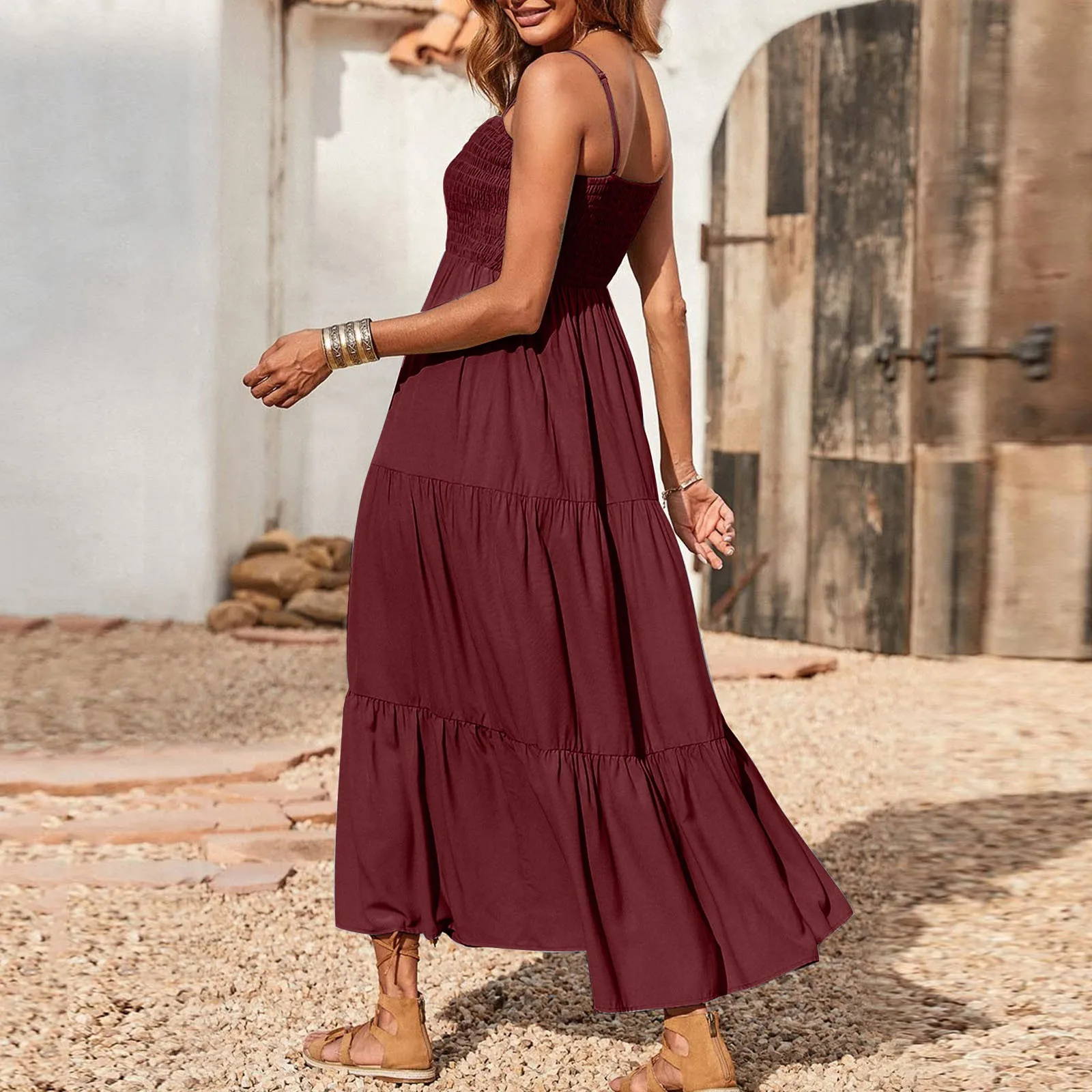 Women's Summer Dresses Spaghetti Strap Sleeveless Square Neck Ruffle A Line Swing Long Dress Solid Color Beach Casual Maxi Dress