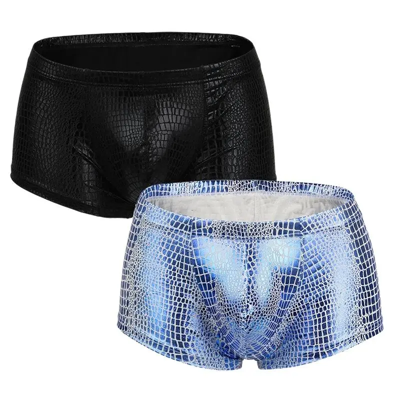 

2Pcs/lot Mens Underwear Snake skin Imitation Leather Boxers Shorts for Male Low Waist Panties Underpants