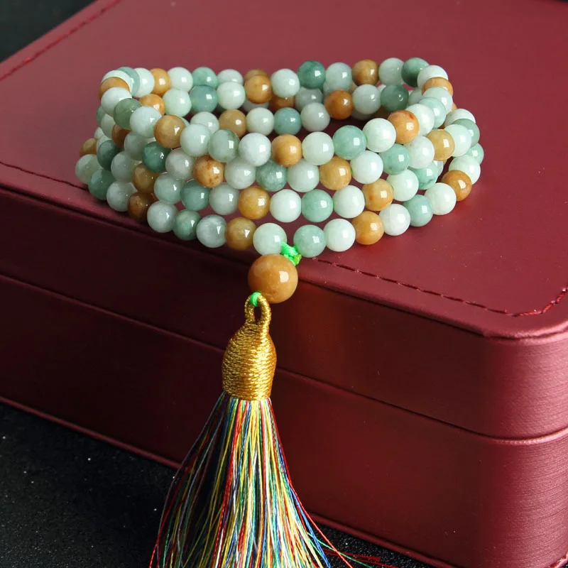 8mm Jade 108 pieces waxy light green colorful sweater chain Buddha beads bracelet necklace dual use