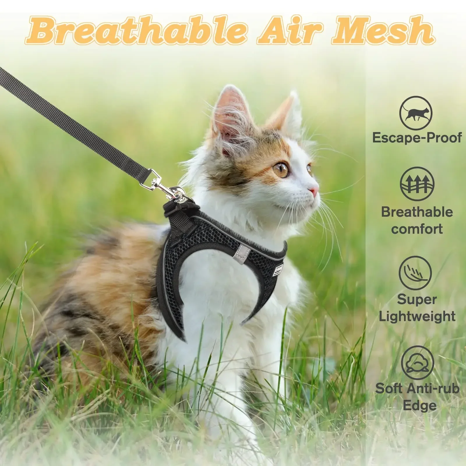 Cat Harness and Leash for Walking, Escape Proof, Adjustable Kitten Vest, Reflective Soft Mesh, Puppy Harness for Outdoor