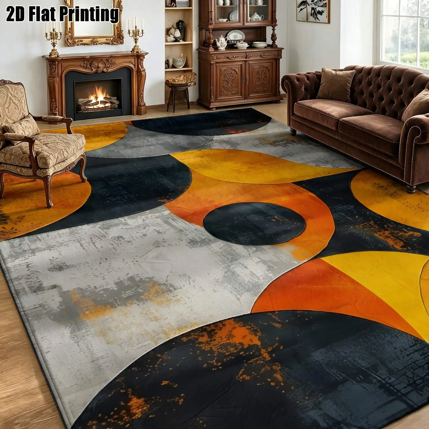 1Pc 2D Printed Carpet: Black, Orange, Yellow Abstract Geometric Patterns Nordic/Instagram/Modern Minimalist/European/Vintage Style, Multi-Size, Machine Washable, Suitable for Entrance, Dining, Foyer, Living Room, Bedroom as a Floor Mat/Home Decor.