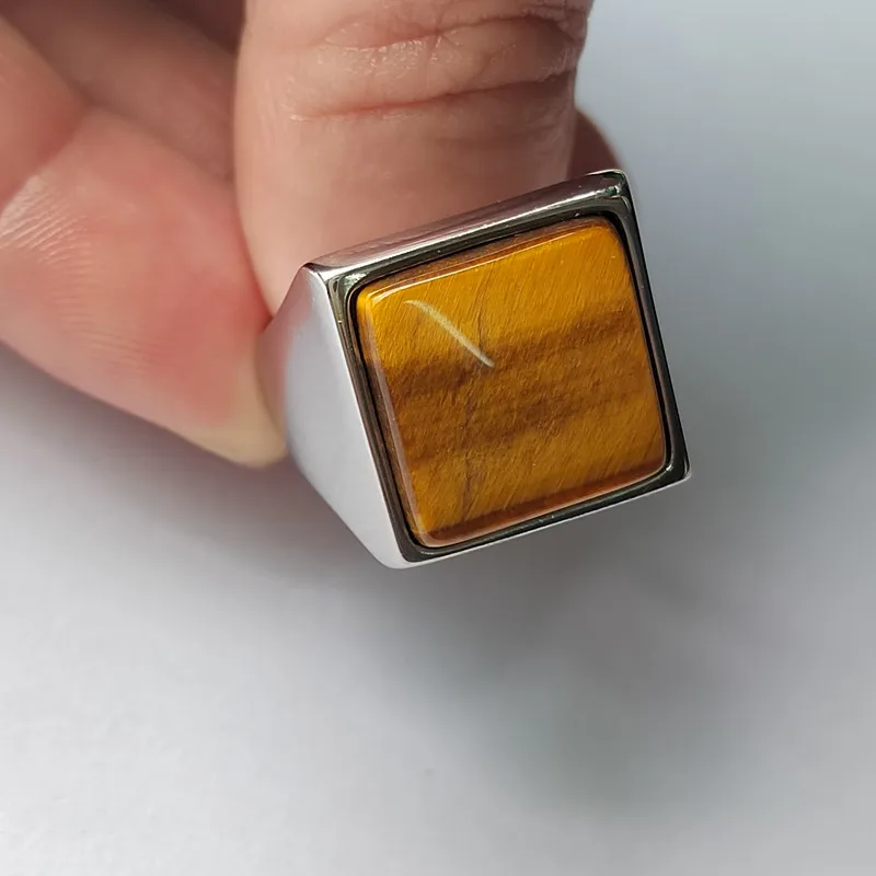 

Classic Large Square Onyx Tiger Eye Rings Simple Geometric Men Stainless Steel Anniversary Jewelry Gift for Husband Boyfriend