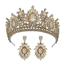Custom Color Champagne Crystal Leaf Wedding Crown with Earrings Rhinestone Pageant Bridal Tiaras