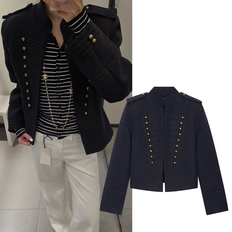 Women Military Style Jacket Frog Buttons Stand Collar Epaulettes Wool Blend Short Coat Vintage Navy Blue Autumn Winter Outerwear