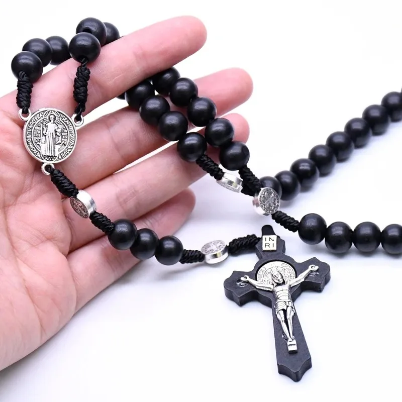 Catholic Wood Beaded Rosary Necklaces For Women Christian INRI Crucifix Cross Pendant Long Chain Men Religion Prayer Jewelry