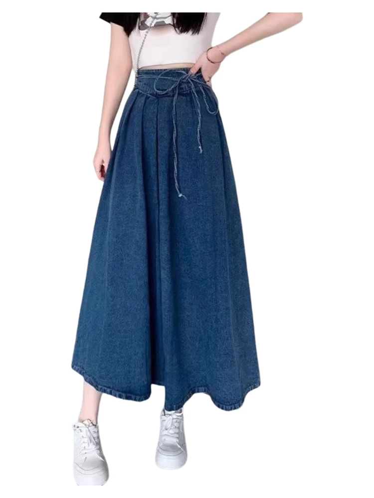 

Джинсовая юбка с высокой талией, женская юбка-миди трапециевидной формы средней длины, новинка лета, дизайн больших размеров с поясом, утягивающее бедра