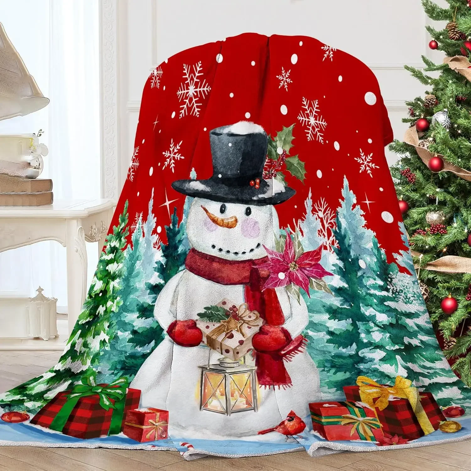 Classic Red Gentleman Snowman Snowflake Christmas Tree Christmas Gift Blanket Adults Children Winter Blankets Soft and Cosy