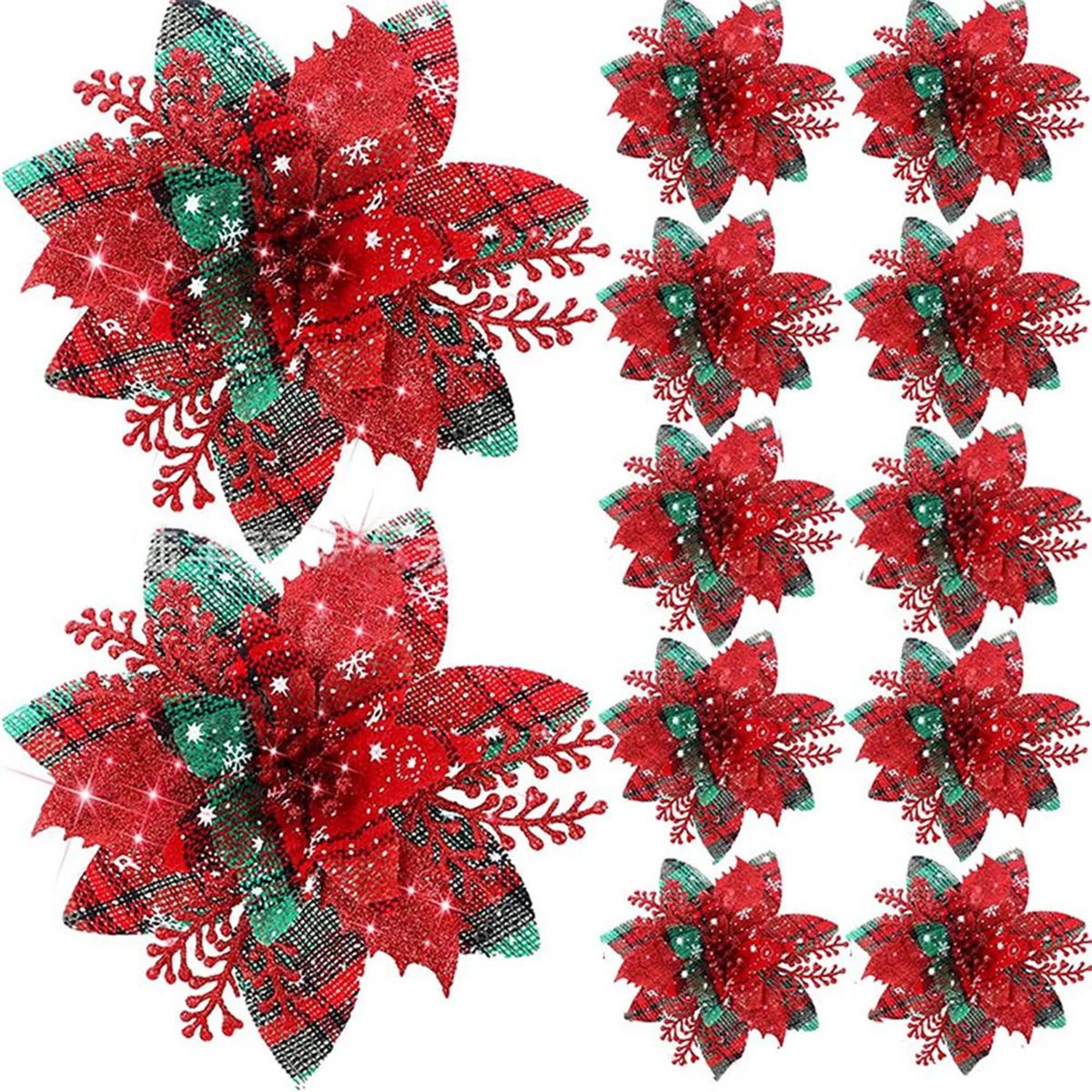 20PCS 14.5cm Glitter Artificial Christmas Flowers Merry Christmas Tree Decoration Happy New Year Ornaments Xmas,E