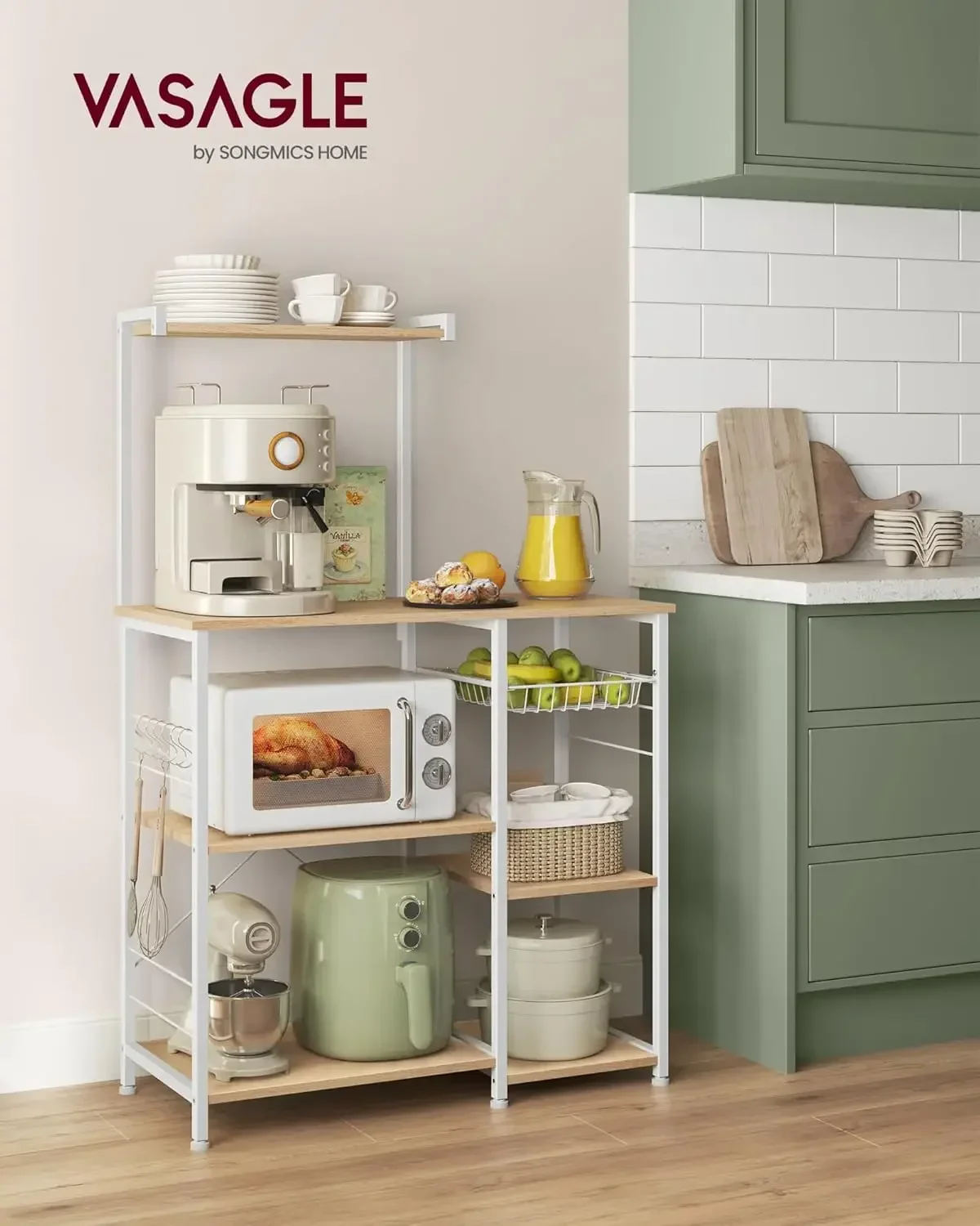 Baker's Rack, Microwave Stand, Kitchen Storage Rack with Wire Basket, 6 Hooks, and Shelves, for Spices, Pots