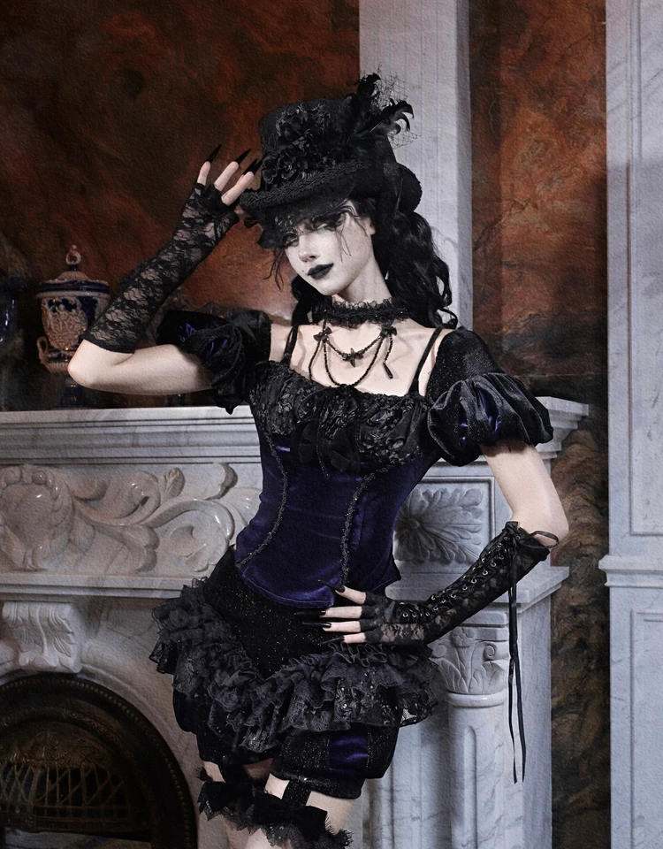 

Blood Supply Original Brand Death Gothic Puff Short Sleeve Velvet Lace-up Backless Slim Top Halloween Purple Blouse Shirt Summer