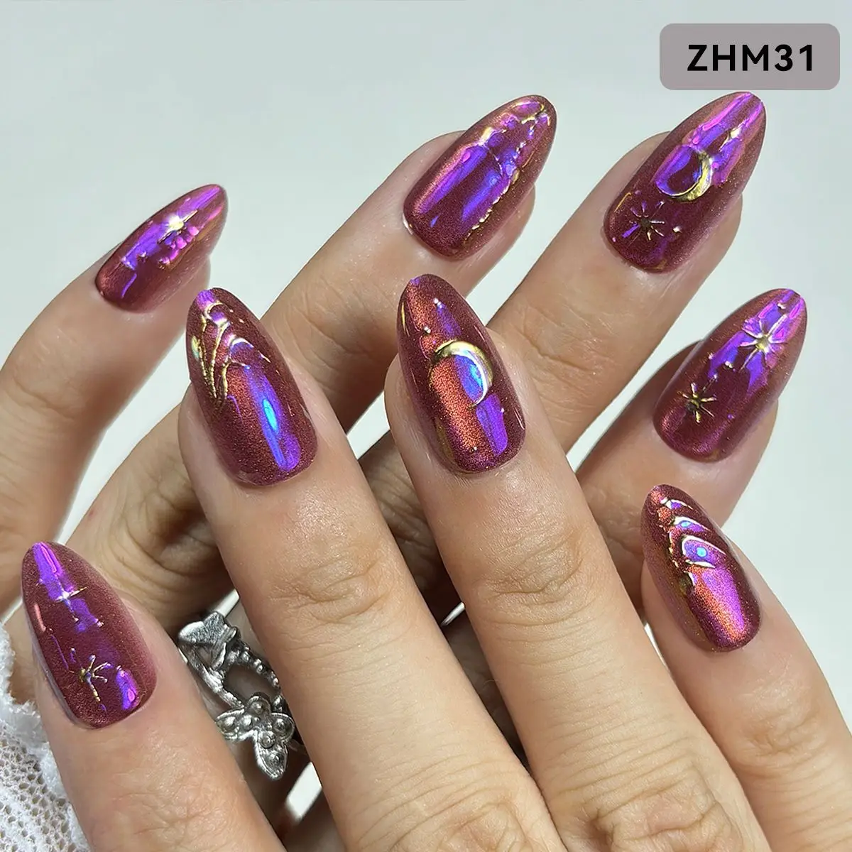 New Electroplated Gold Star Moon Nail Art Wearable Moonphase American Tarot Style Wine Red Berry Cat's Eye Faded Pink Nail Tips