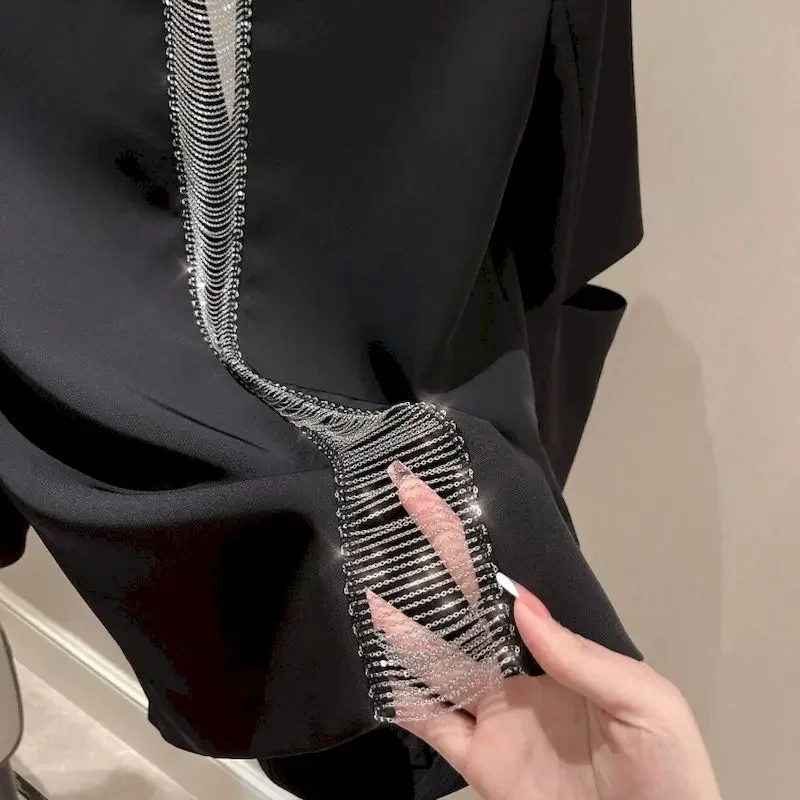 Women Sexy Chain Blazer with Cut-out Back 2023 New Korean Fashion Black Loose Thin Blazers for Women Elegant Chic Coats Female