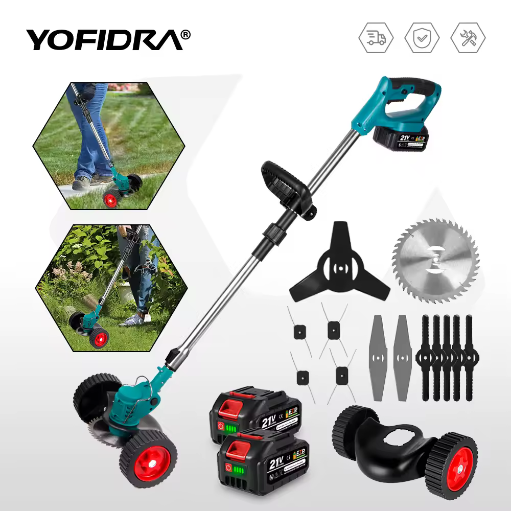 YOFIDRA Electric Lawn Mower Cordless Garden Grass Cutting Trimmer 100-135cm Length Cutter Power Tool For Makita 21V Battery Pin