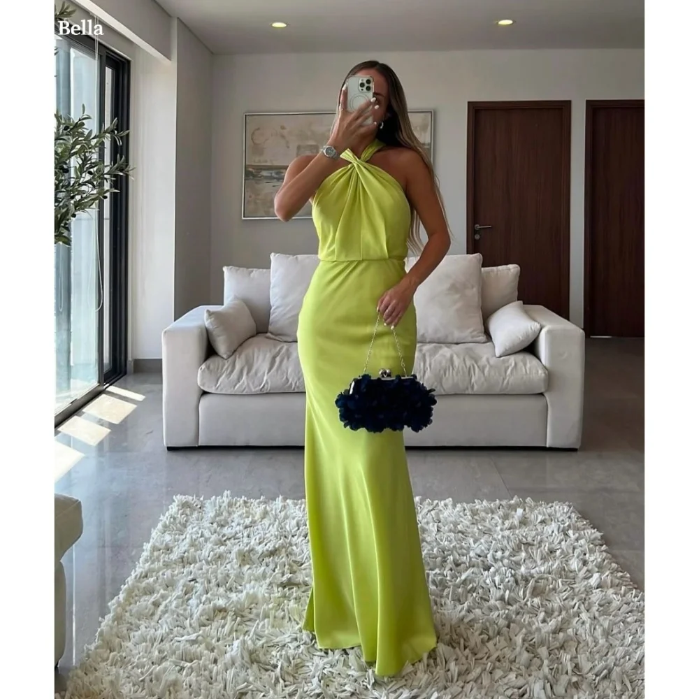 

Bella Customized Yellow Halter Neck Criss-Cross robes de soirée Mermaid Satin Backless Party Dresses Floor-Length Prom Dress