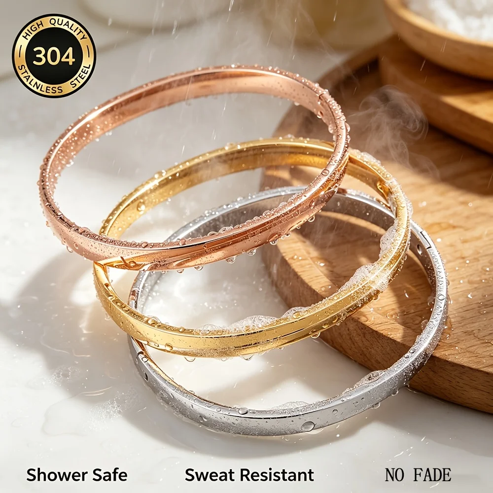 3Pcs Waterproof and Rust-Proof 304 Stainless Steel Fashionable and Simple 3-Color Smooth Bracelets, Widened 6mm Curved Glossy Bracelets, Suitable for Both Men and Women, Minimalist Basic Wrist Jewelry Accessories, Exquisite Holiday and Party Jewelry Gifts