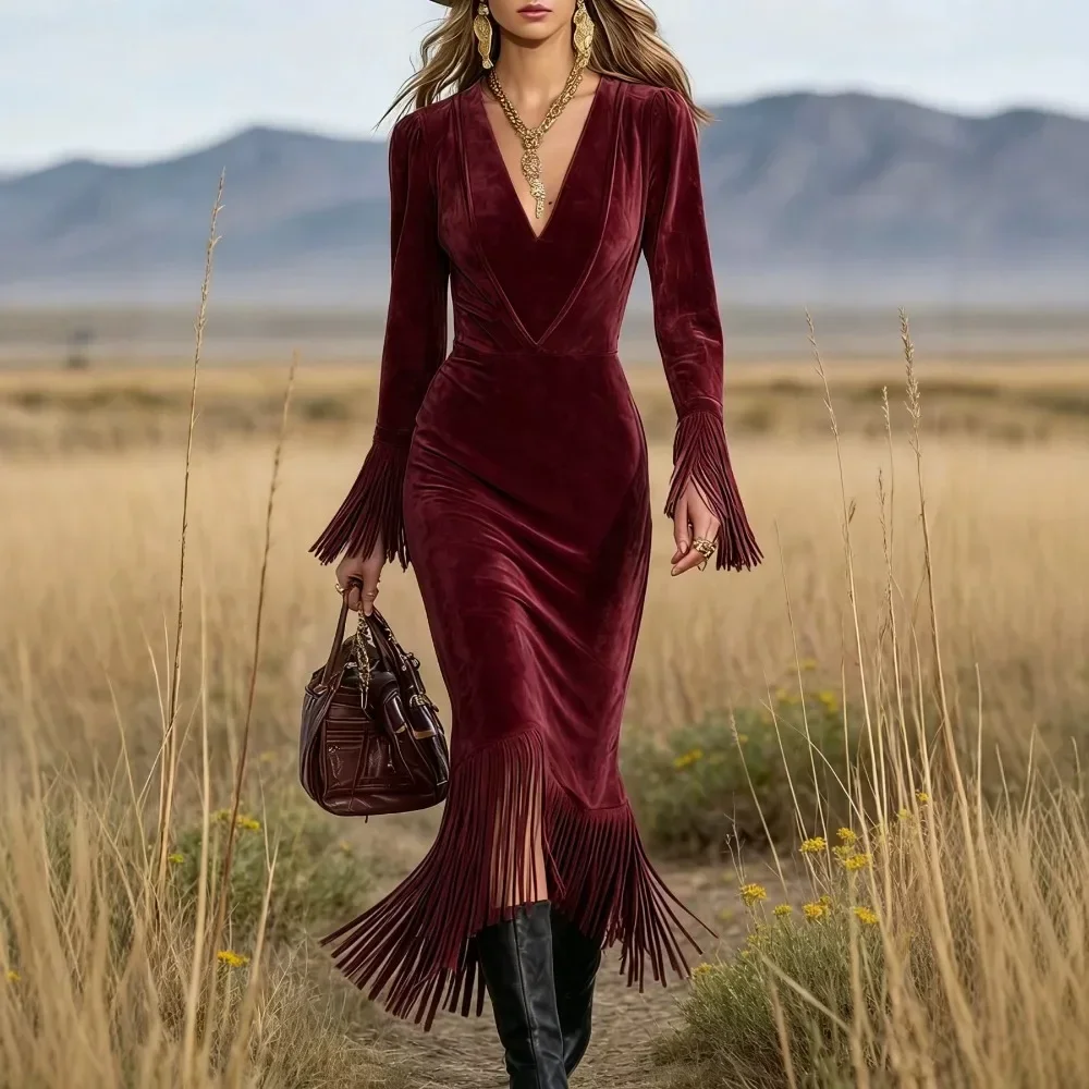 Women Retro Western Cowgirl Fringe Long Sleeve Slim Fit Dress Street Style Fashion Soft Breathable Flattering Comfy New