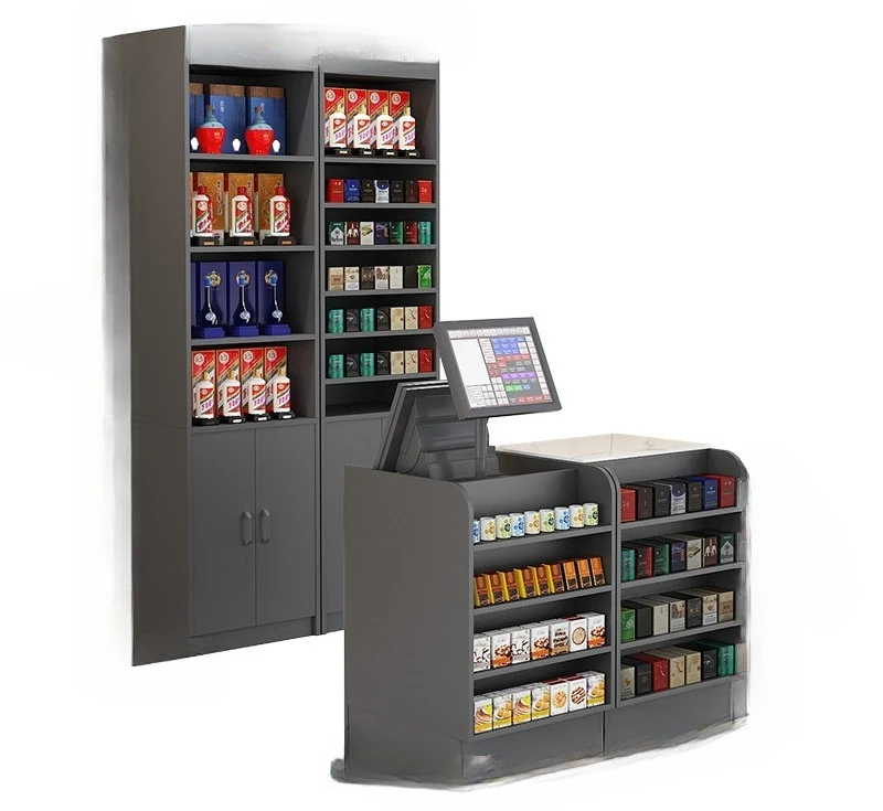 

Supermarket checkout page Combination of tobacco and wine cabinets Convenience store rock slab bar corner glass