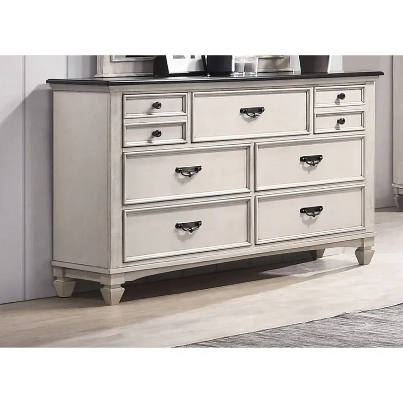 Beautiful one-piece dresser, two-tone finish, farmhouse-style storage drawers, bedroom furniture, black nickel hardware