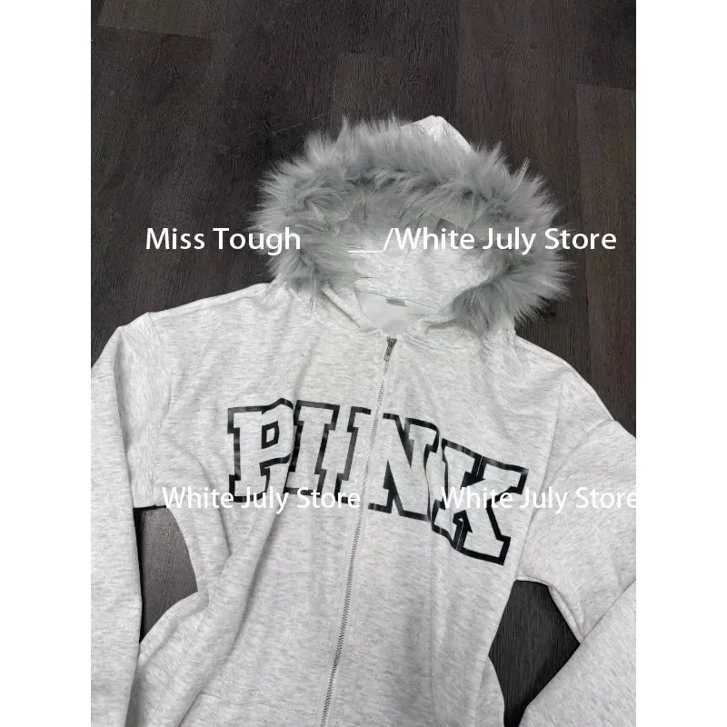 Vintage Y2k Aesthetic Grunge Letter Print Zippers Hoodies Women Coat Casual Gray Femme Korean Fur Patchwork Hooded Sweatshirts