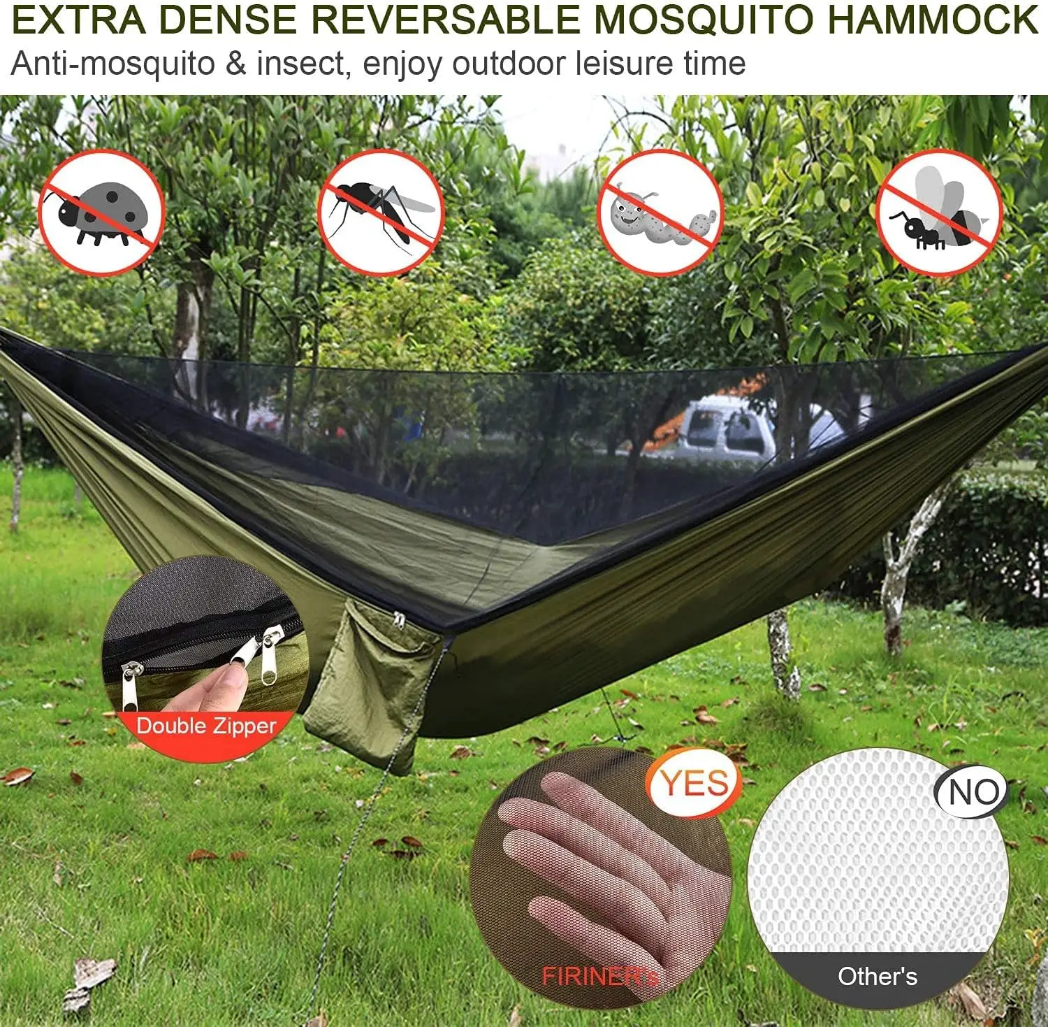Portable Single Double Nylon Parachute Hammock with Rainfly Tarp and Mosquito Net Tent, Includes Tree Straps, for Backpacking