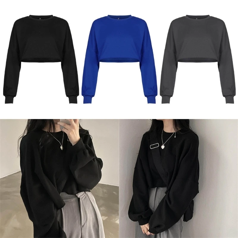 

Women Pullover Cropped Hoodies Spring Autumn Winter Casual Loose Long Sleeve Sweatshirt Girls Solid Color Round Neck Tops Shirt