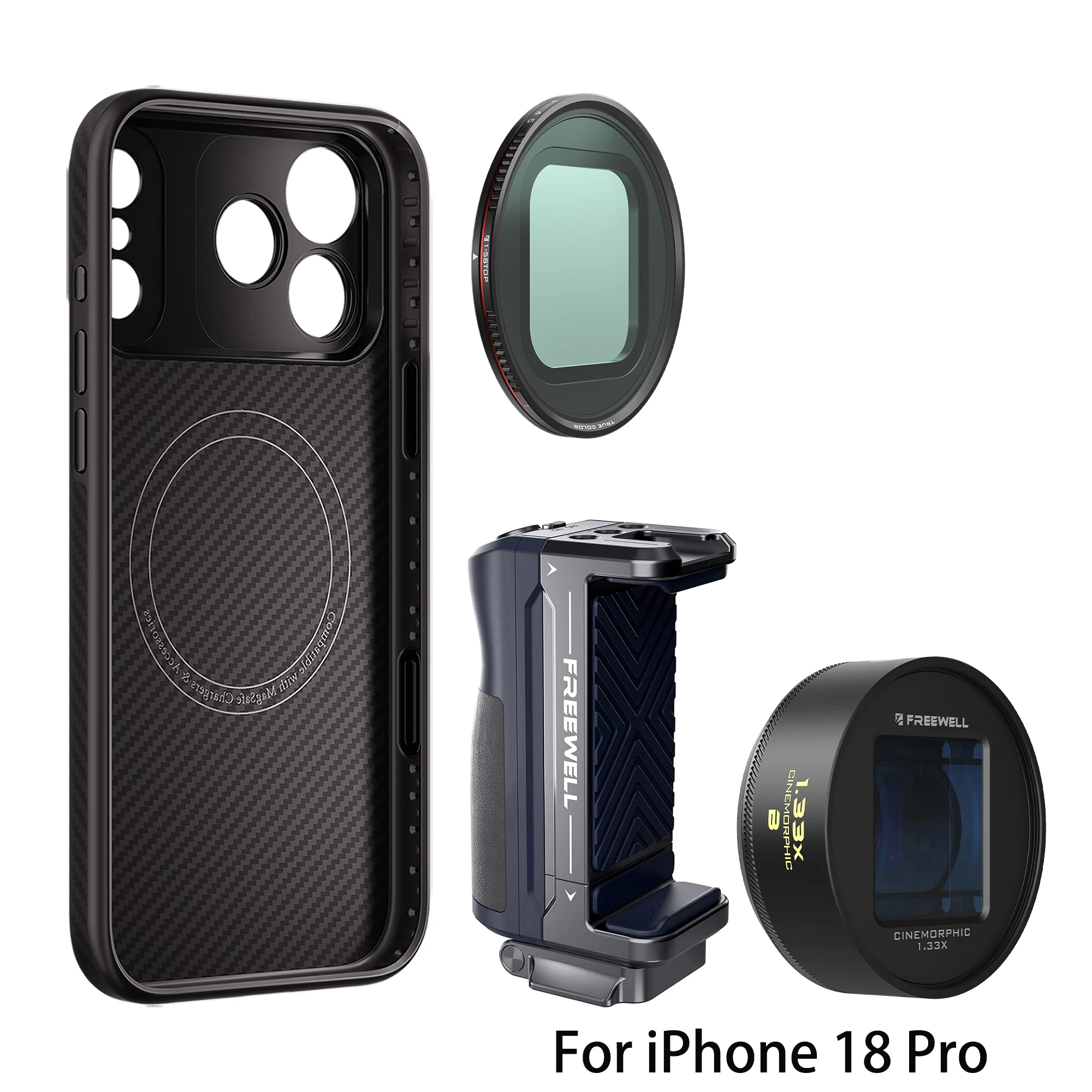 Freewell telefoonfotografiekit, met een telefoonhoesje met een 17 mm bevestigingsbeugel en een 1,33x blauwe anamorfe lens, voor iPhone 18/17/16/15 Pro & Pro Max.