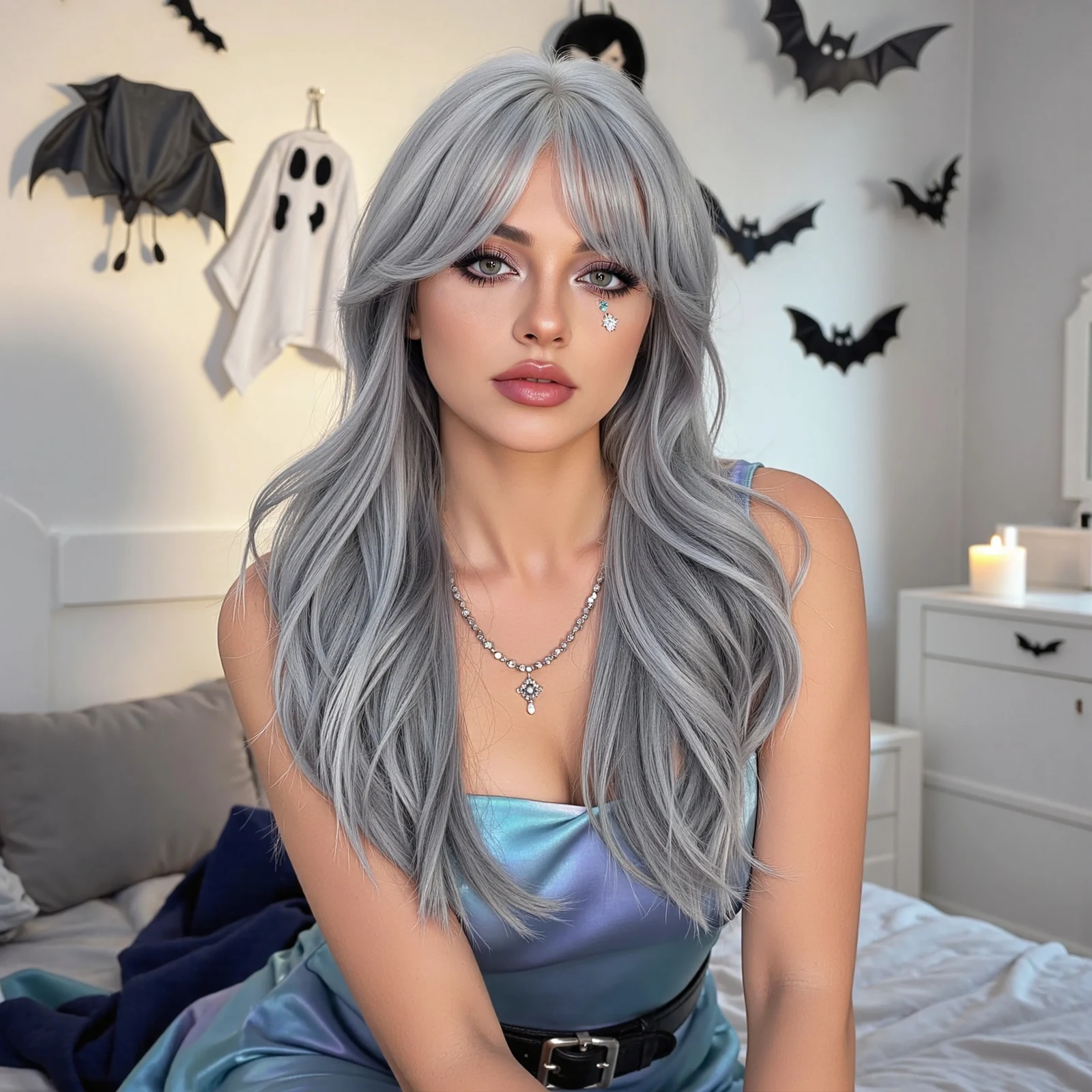 

Длинные прямые многослойные парики на Хэллоуин со средней частью челки, бабушка, серые искусственные волосы, шелковистый синтетический парик для женщин, термостойкий