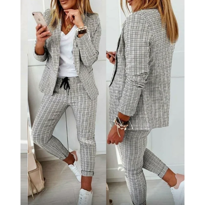 Fashion Women Two Piece Set Outfits 2023 Autumn Women Turn Down Print Blazer Coat Drawstring Pants Suit Women Casual Set