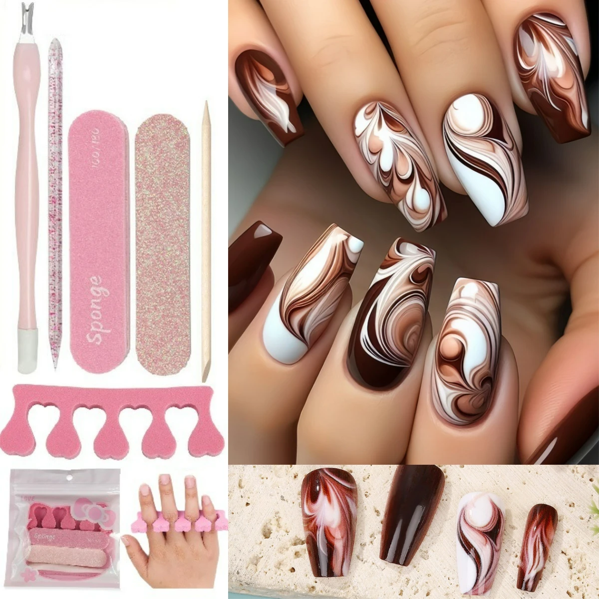 

[30pcs/Set] 24pcs Glossy Press-On Nails in Milky Coffee Brown Marble Design & 6pcs of Nail Art Tools - Full Cover