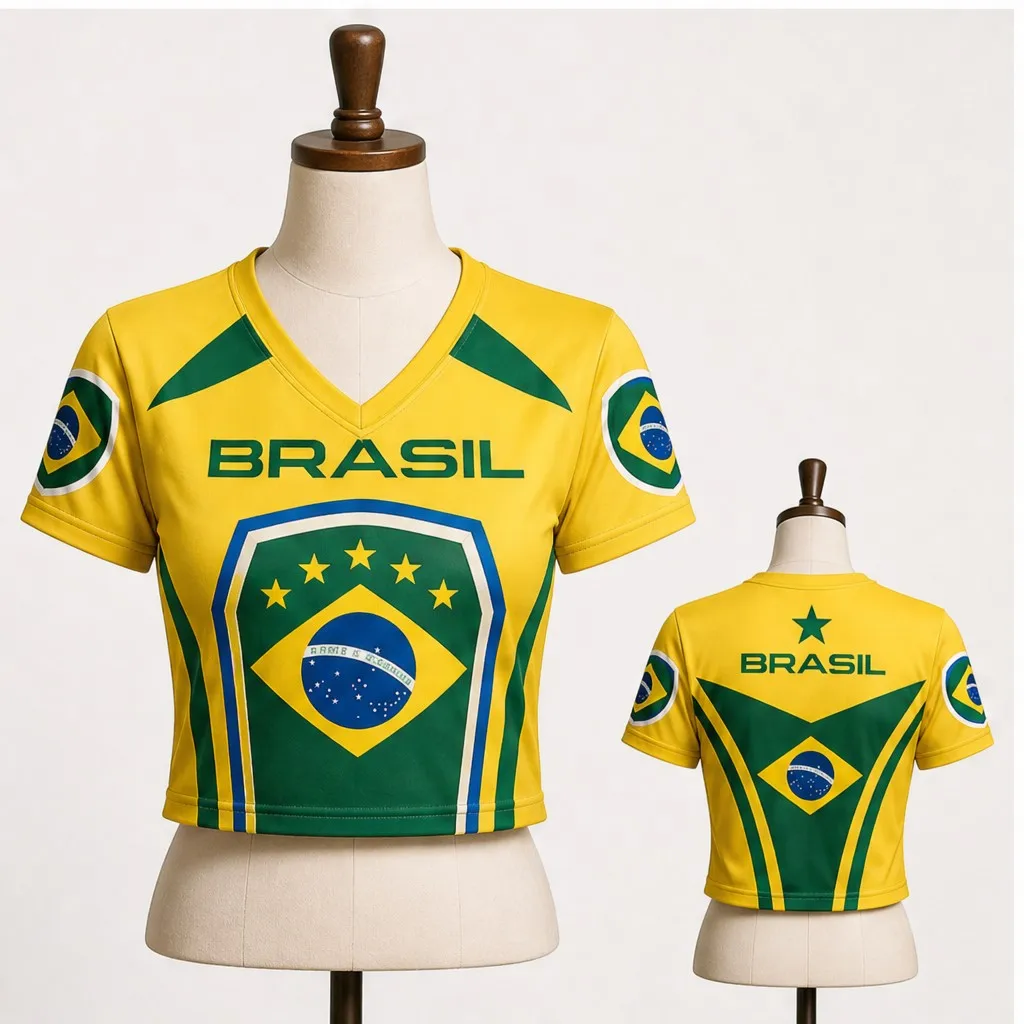 Womens Brazil V Neck Short Sleeve Crop Top Shield Star Graphic Casual Summer Shirt for Street Travel Holiday and Daily Wear Look