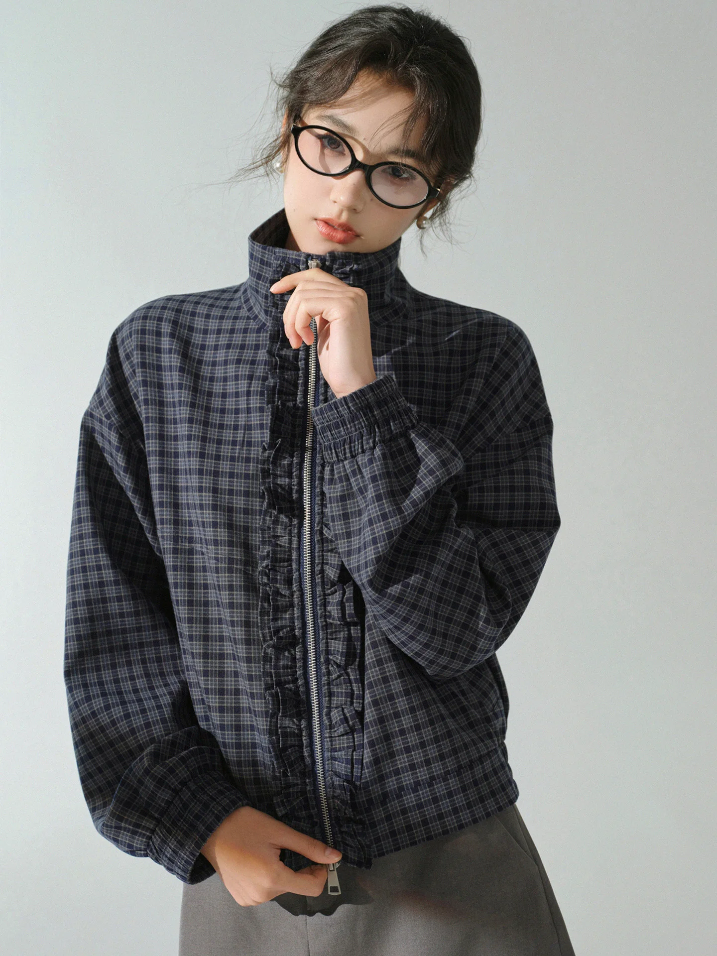 Retro Plaid Jacket Women Stand Collar Zip Up Coat Casual Loose Fit Outerwear Autumn Retro Top for Daily Layering Street Fashion