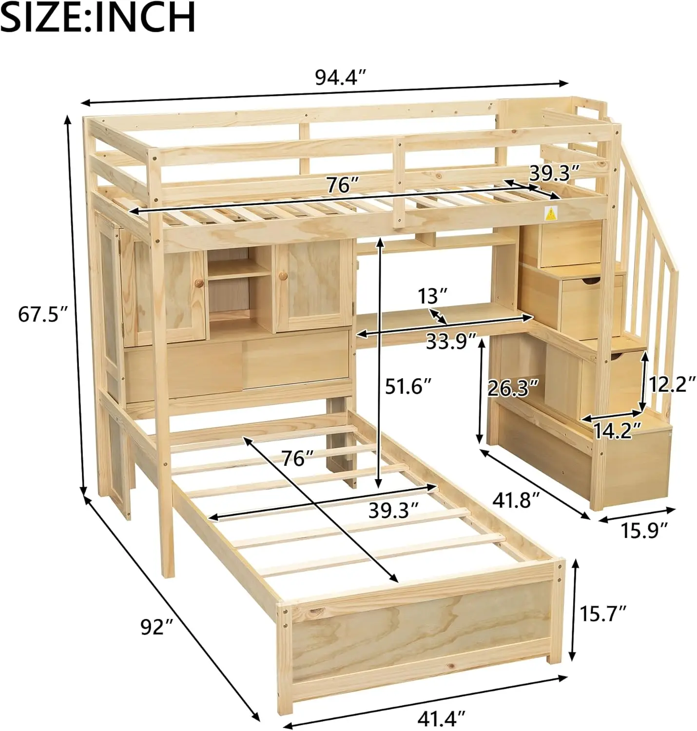 L-Shaped Twin Over Twin Bunk Bed with Built-in Desk and Staircase, Solid Wood Loft Bed and Platform Bed