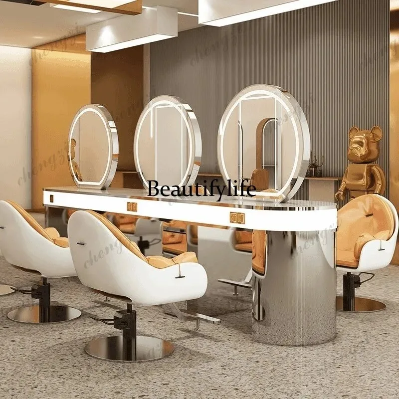 Q181 High-end stainless steel marble barber shop mirror table, special perm and dyeing hair cutting mirror for hair salon