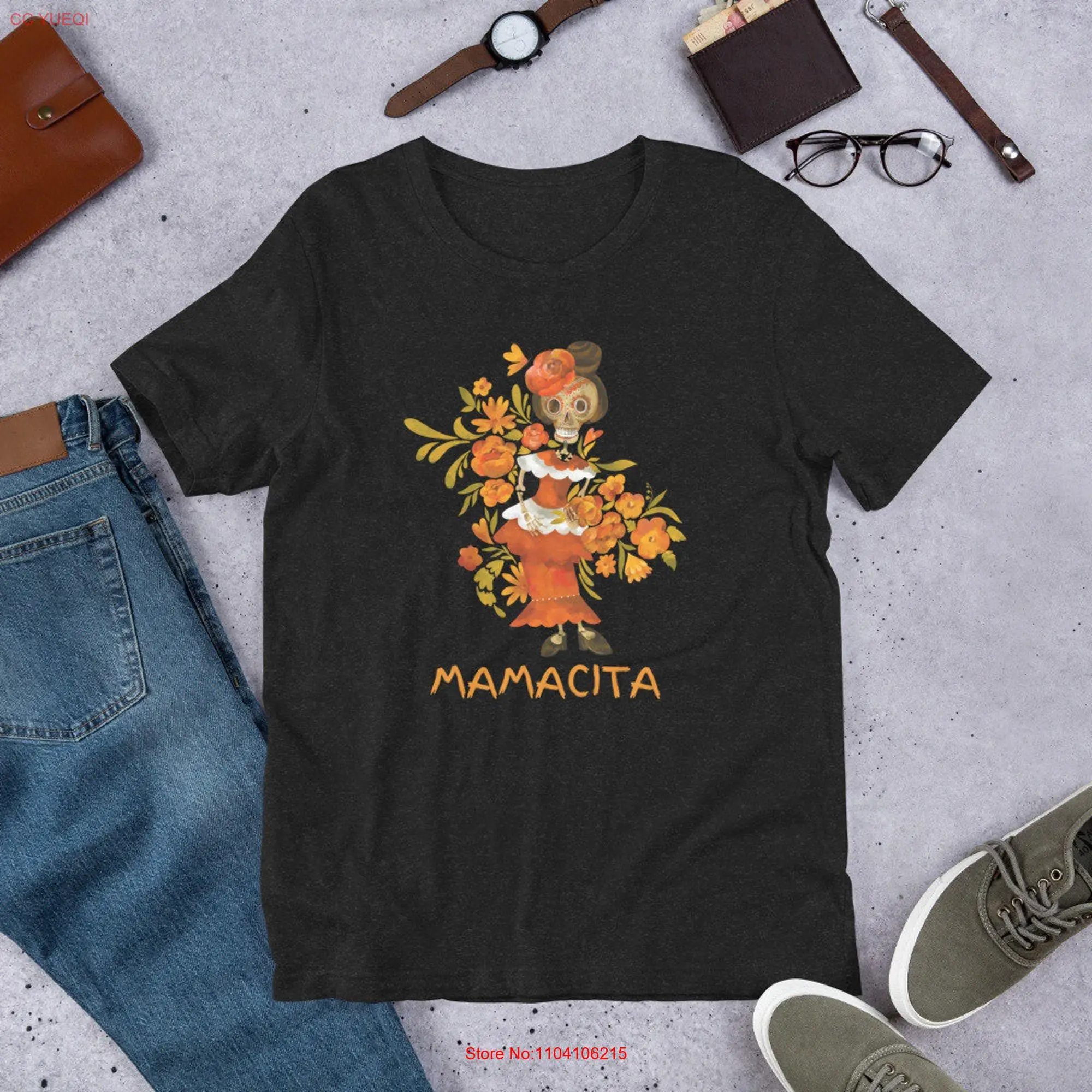 Mamacita Dia de los Muertos Hot Mama Flowers and Skull T shirt long or short sleeves