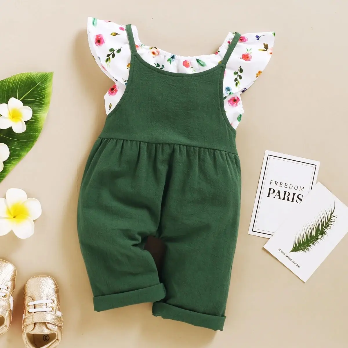 2PCS Kids Girl Clothes Set Floral Print Lotus Leaf Short Top+Suspender Summer Sweet Lovely Daily Wear for Toddler Girl 1-5 Year