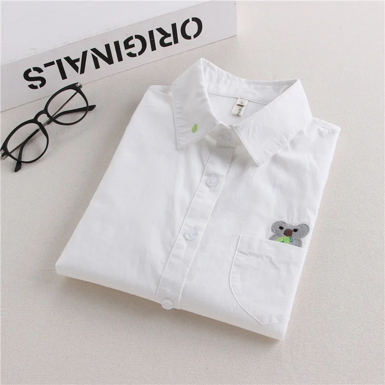 New Summer Cotton Short Sleeve Shirt Lapel Bear Embroidery Top Mori Girl Casual Sweet Academic Loose Blouse 2024 Autumn T46751QC