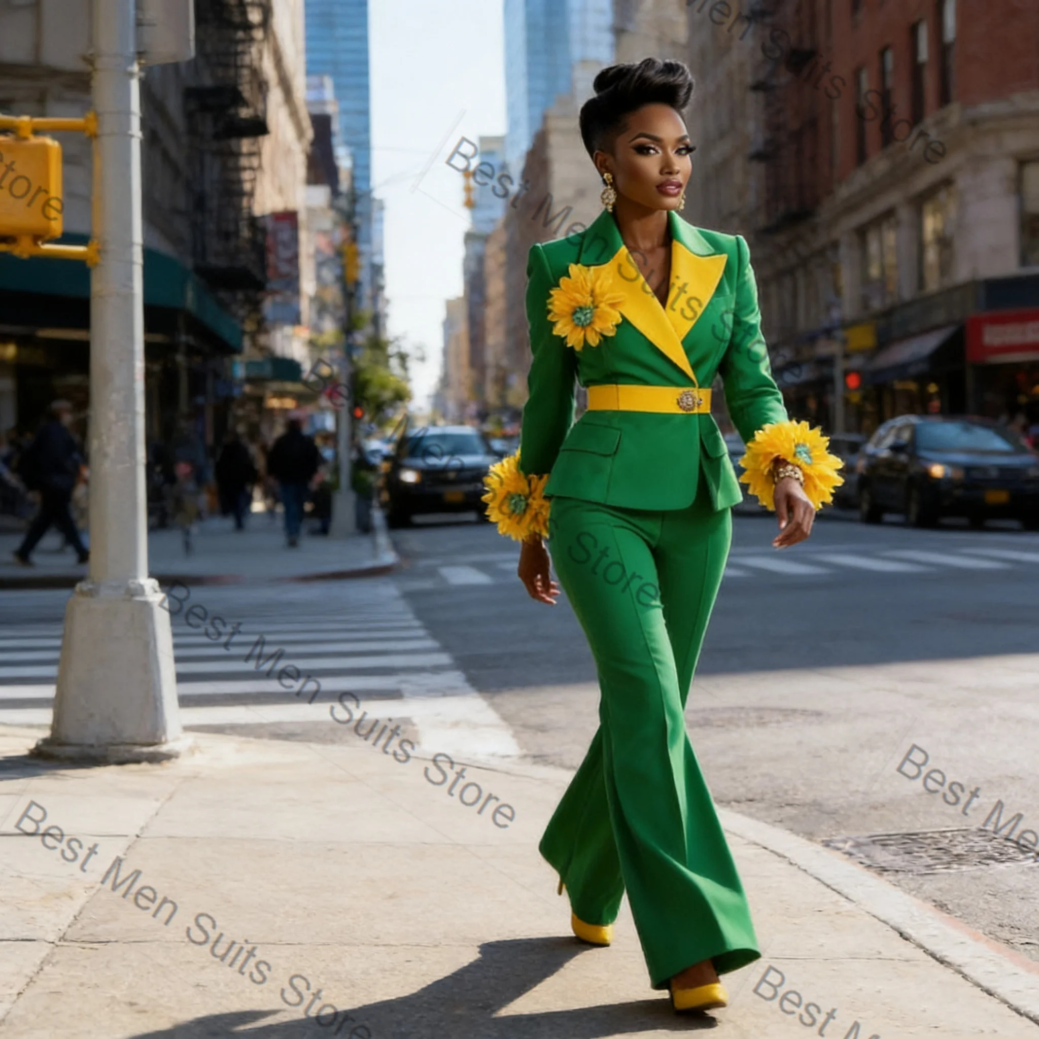 

Yellow Green Women Suit Set 2 Pcs Blazer Pants Trousers 3D Flower Formal Office Jacket Customized Wedding Tuxedo Guest Coat