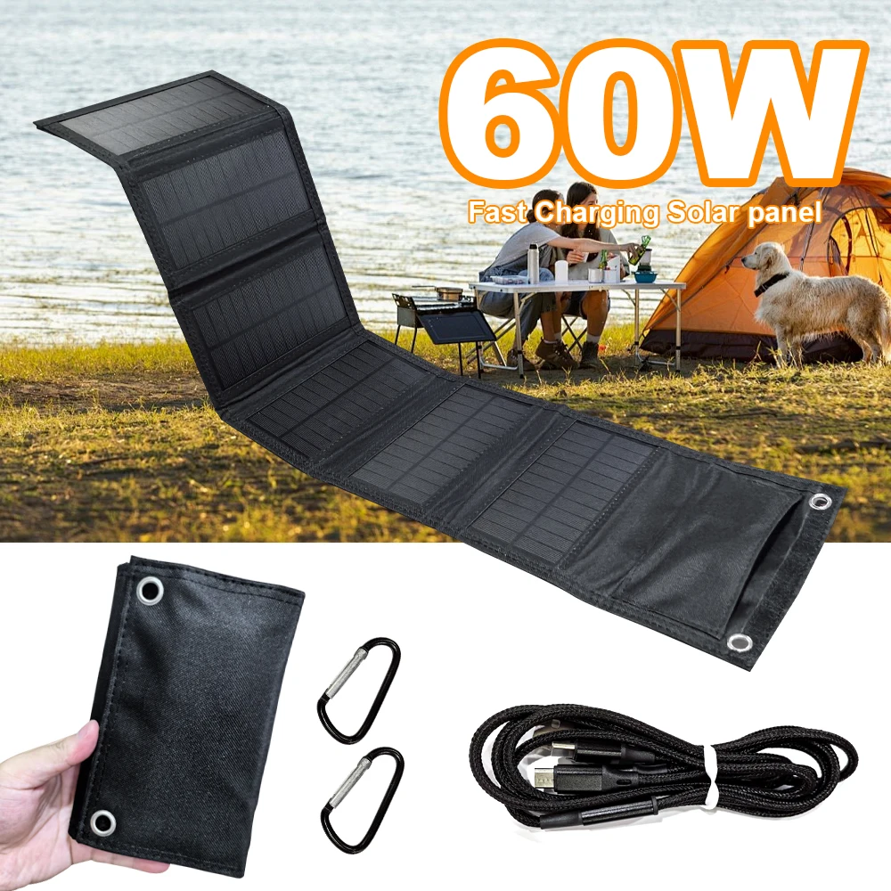 Cargador de panel solar portátil de polisilicio, USB, 60W, 5V DC, panel solar plegable para cargar teléfonos, banco de energía para senderismo y camping
