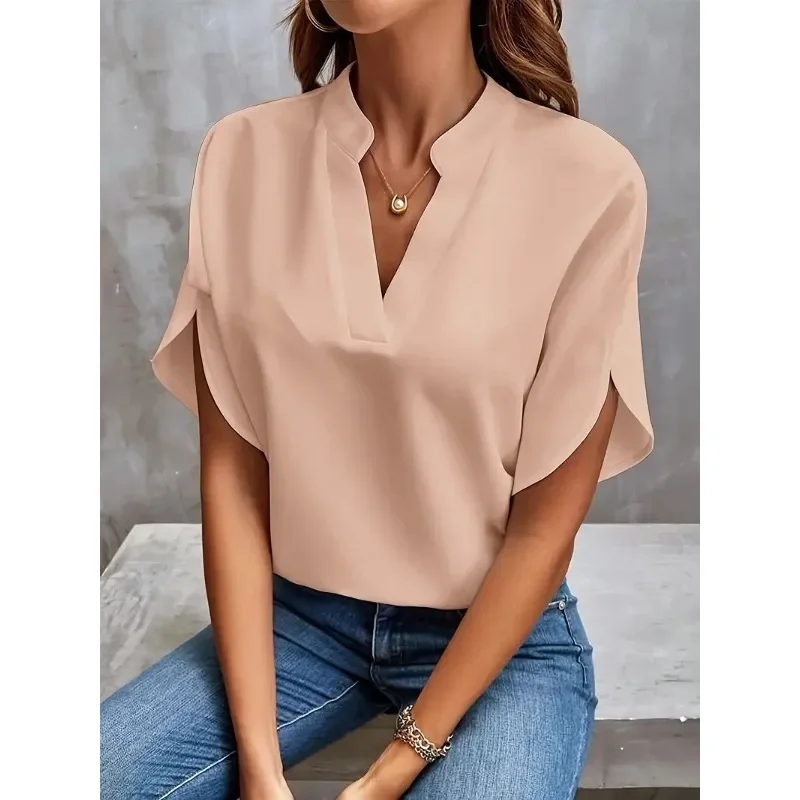 New Summer Women\'s Elegant Commuting Shirt Simple Solid Color Fashion V-neck Short Sleeved Shirt Loose Casual Holiday Shirt