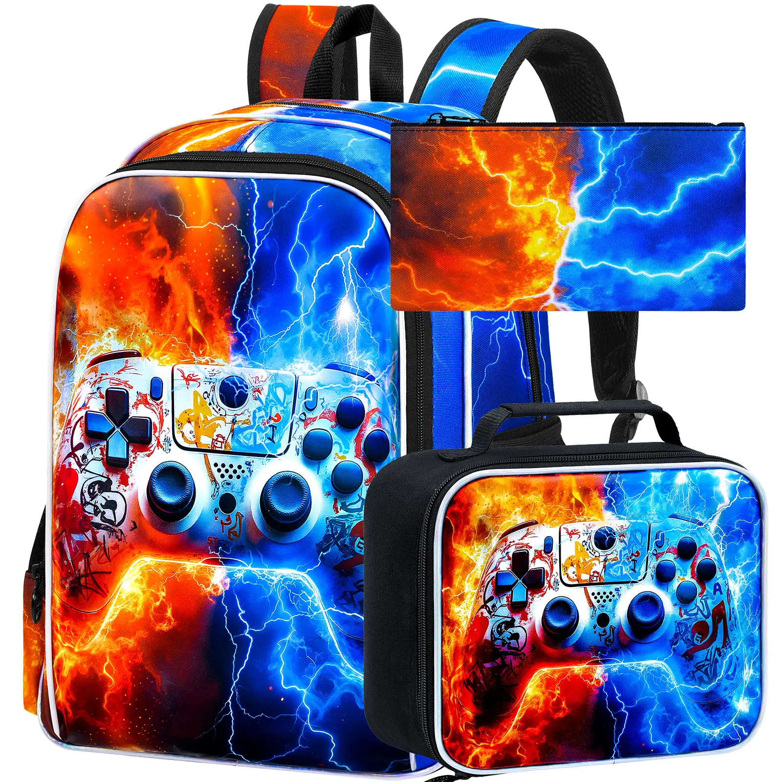 

Рюкзак для игровой консоли (3 шт.) для мальчиков, 17-дюймовый детский рюкзак с ланч-боксом для мальчиков, рюкзаки Flame Thunder
