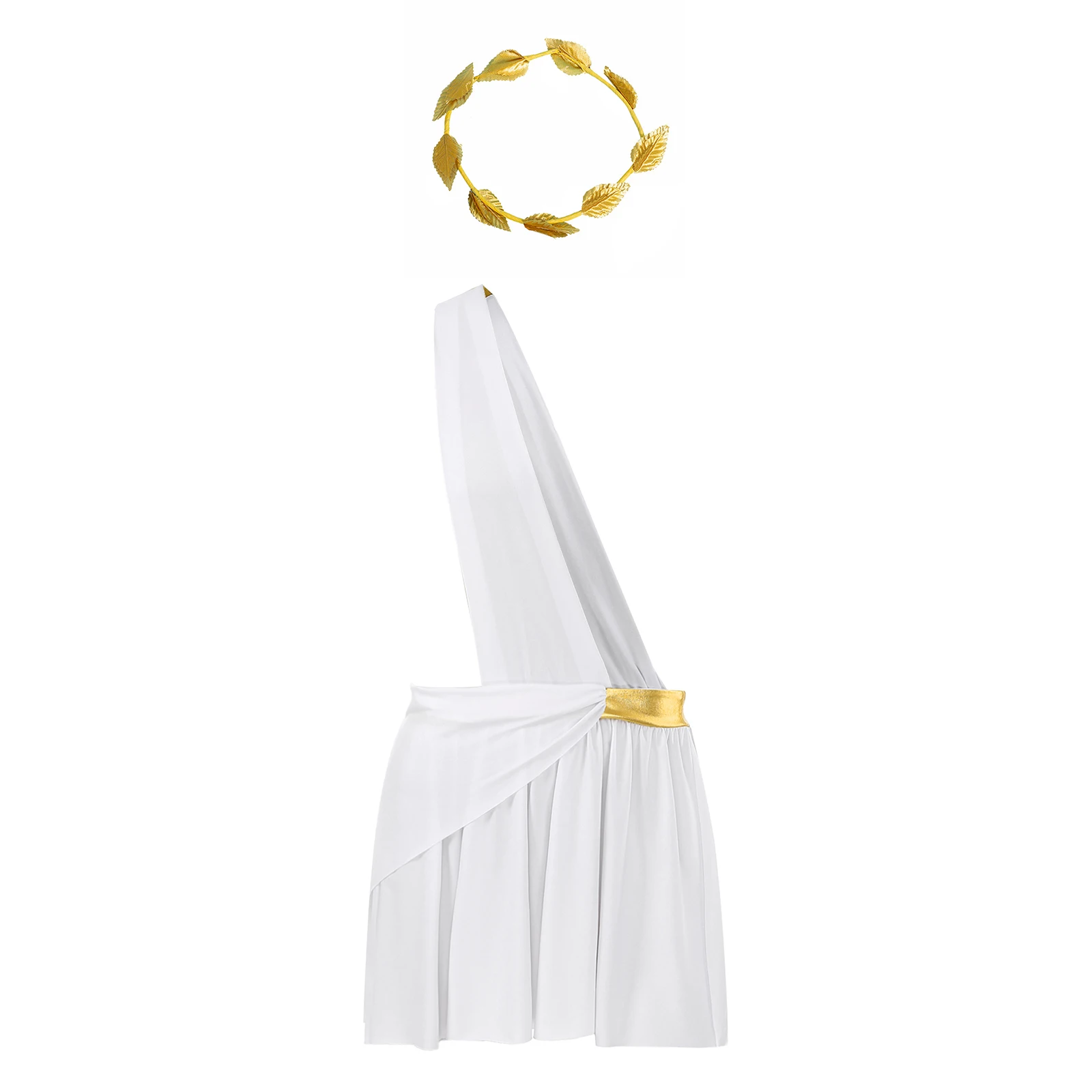 

Men's Greek Costume Halloween Roman God Role Play Outfit One Shoulder Waistband Ruffle Skirts Toga and Gold Leaves Garland Set