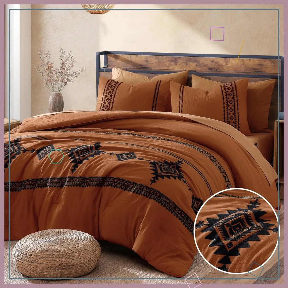 

Boho Farmhouse Western Bedding Set, All Season Queen 7 Pieces with Sheets & Shams in Burnt Orange