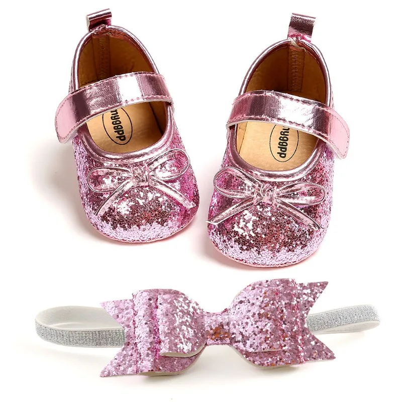 Newborn Baby Shoes Baby Boy Girl Shoes Girl Classic Bowknot Rubber Sole Anti-slip PU Dress First Walker Toddler Crib Shoes