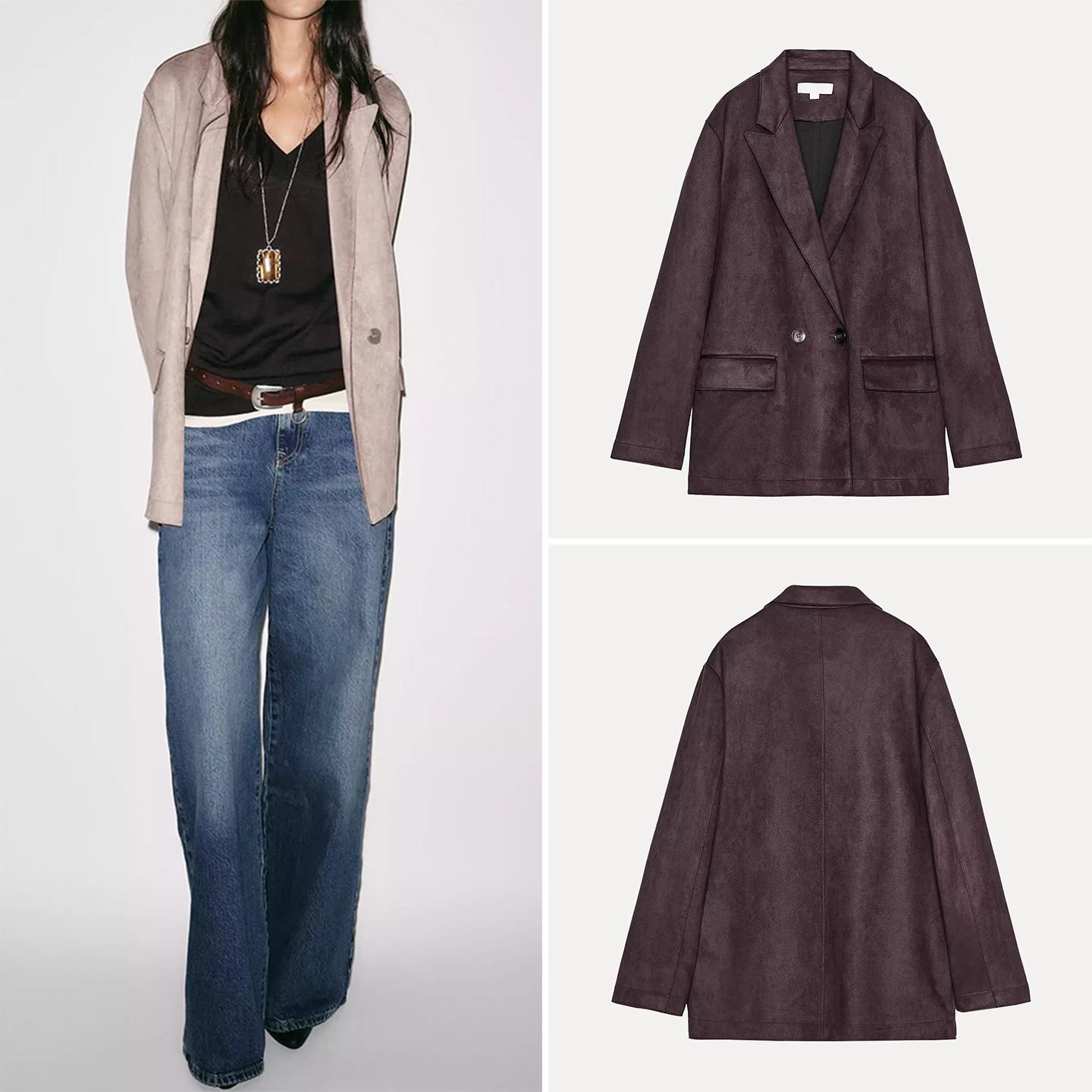 

Z Women's Long Sve Faux Leather Effect Suit Jaet Casual Loose Fit Printed Double Breasted Regular Length Coat