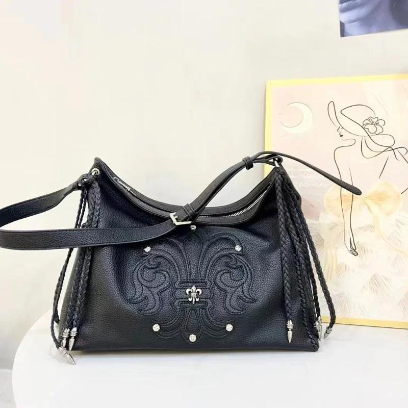 

Gothic Crossbody Bags For Women 2025 New In Black Faux Leather Woven Tassel Rivet Shoulder Bag Chic Novelty Design Female Bags